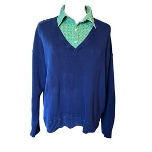 Lauren Ralph Lauren Black Label Layered V Neck Sweater.  Navy/Green Size Large